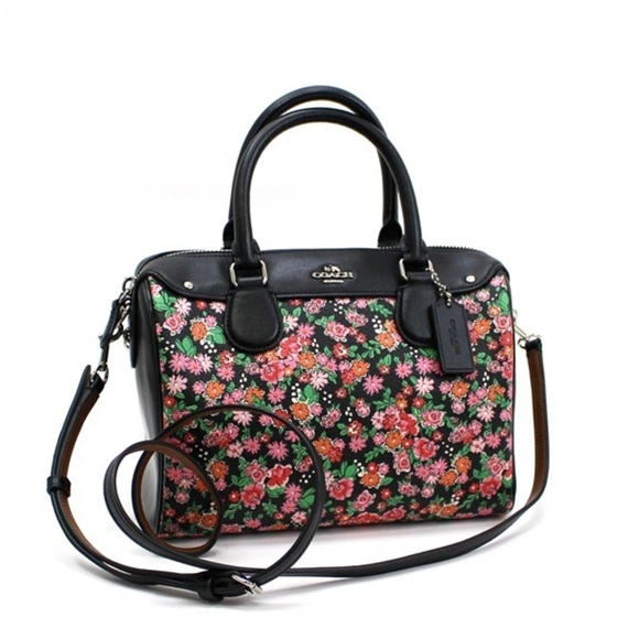 COACH Handbag Shoulder Bag Floral Print Mini Satchel PVC x Leather Black F57882 - Picture 1 of 4